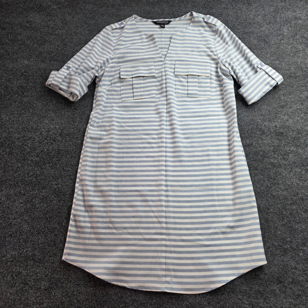 Sharagano Petite Striped Shift Dress Blue White Roll Tab Sleeve 6P Womens Mini